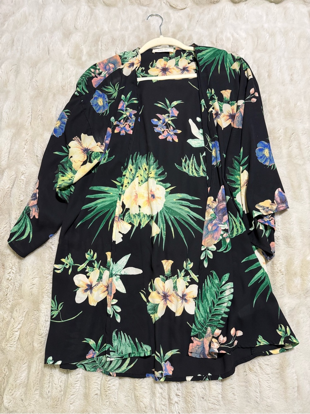 Peach Love Black Tropical Floral Kimono Cardigan One Size